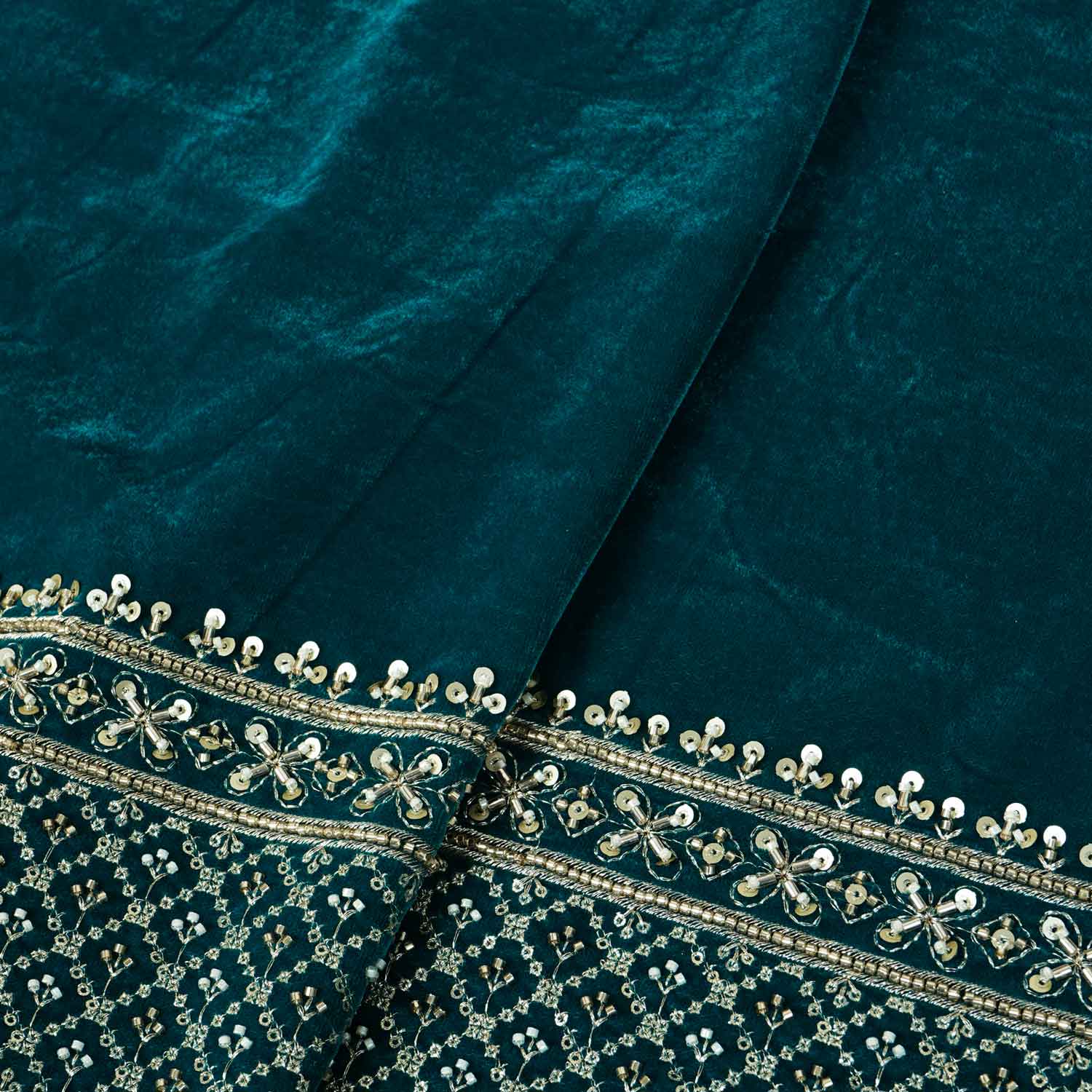 Teal Green Border Work Cutdana Embroidery Micro Velvet 9000 SC-27999 - TradeUNO