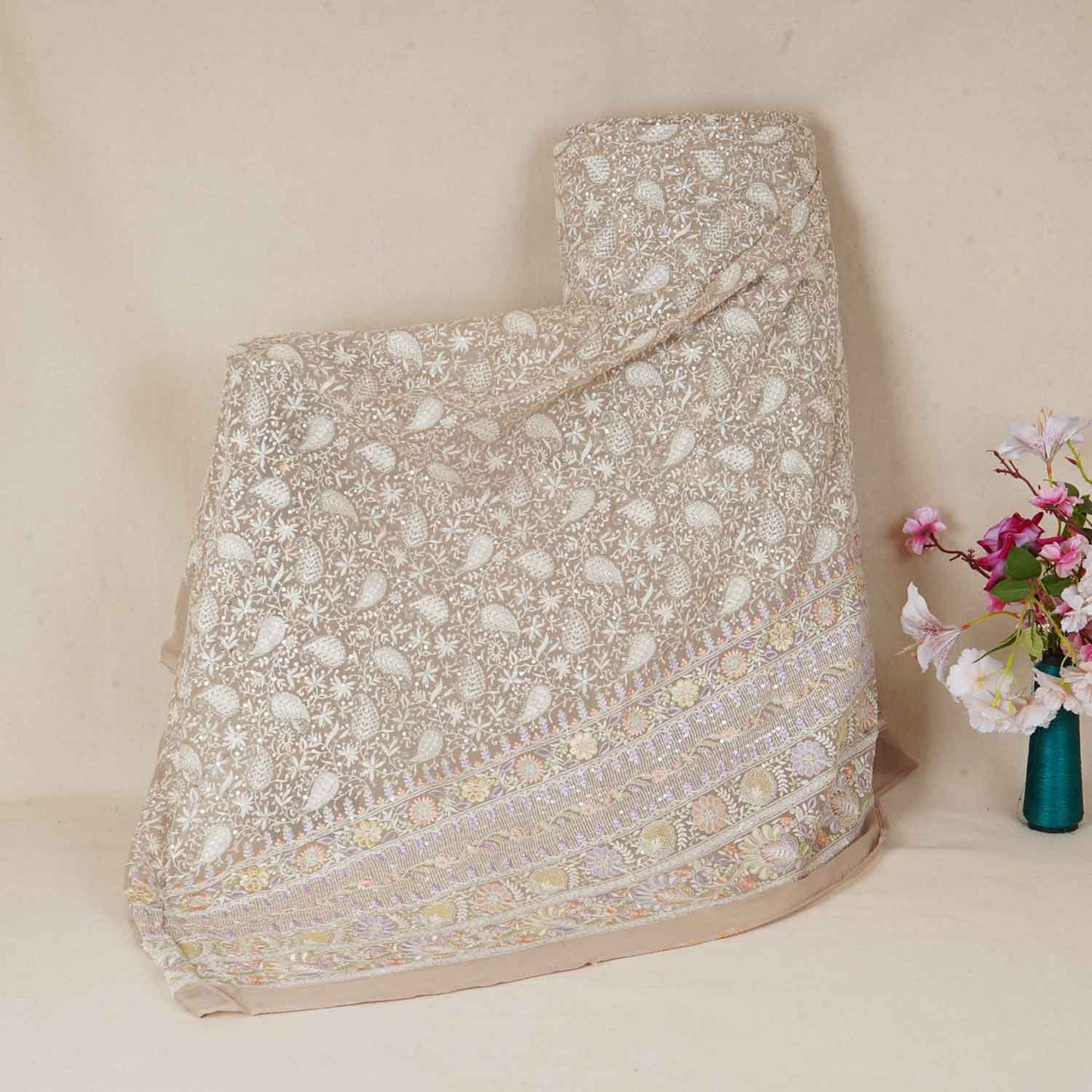 Beige Floral Thread Sequins Embroidery Chikankari Georgette Fabric DRAJ-28280