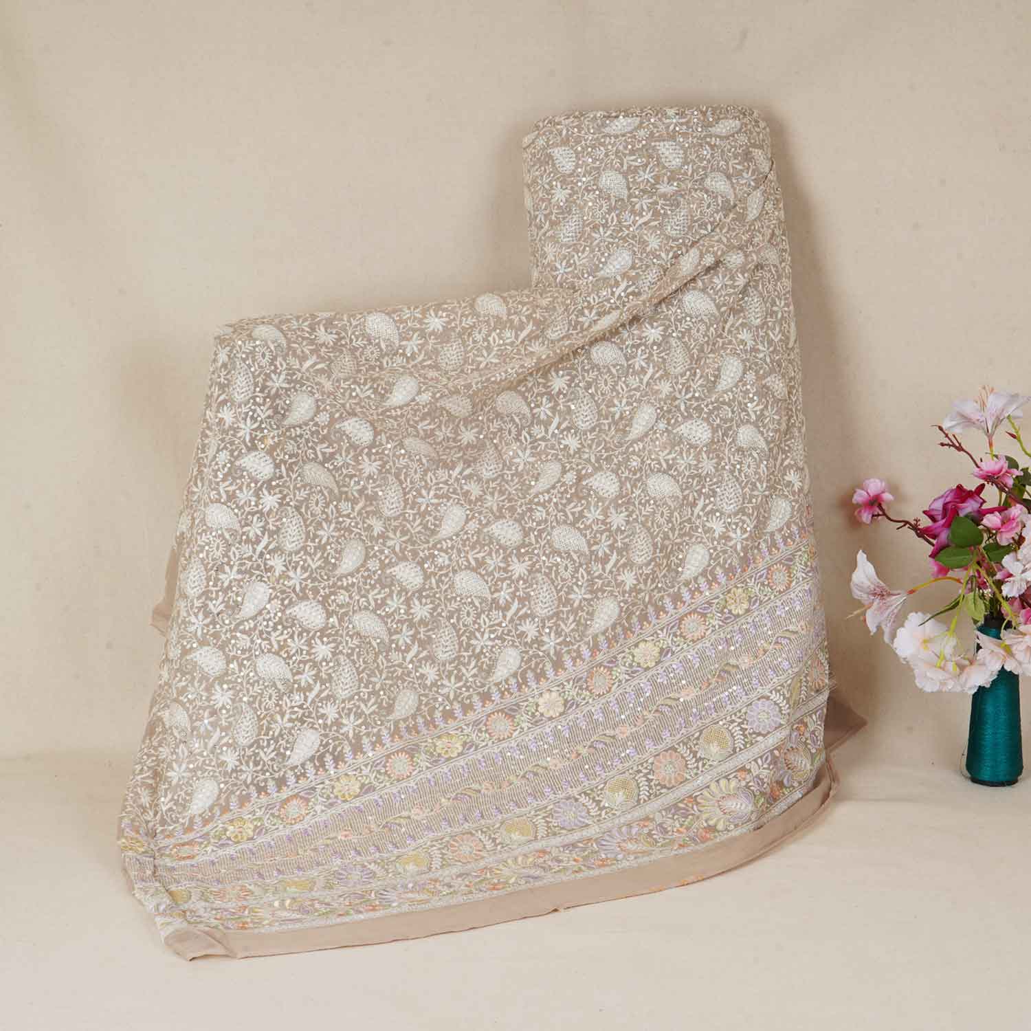 Beige Floral Thread Sequins Embroidery Chikankari Georgette Fabric DR-28280 - TradeUNO