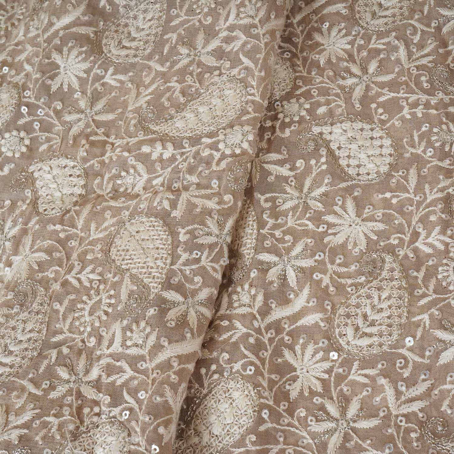 Beige Floral Thread Sequins Embroidery Chikankari Georgette Fabric DRAJ-28280