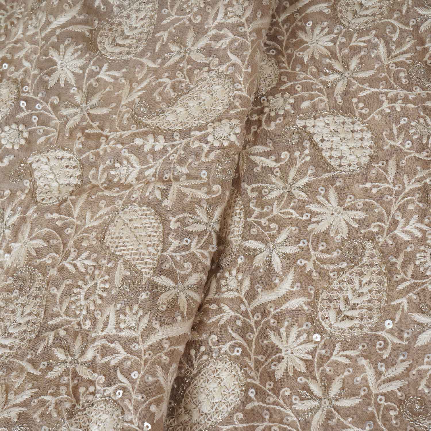 Beige Floral Thread Sequins Embroidery Chikankari Georgette Fabric DR-28280 - TradeUNO