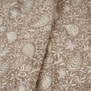 Beige Floral Thread Sequins Embroidery Chikankari Georgette Fabric DR-28280 - TradeUNO
