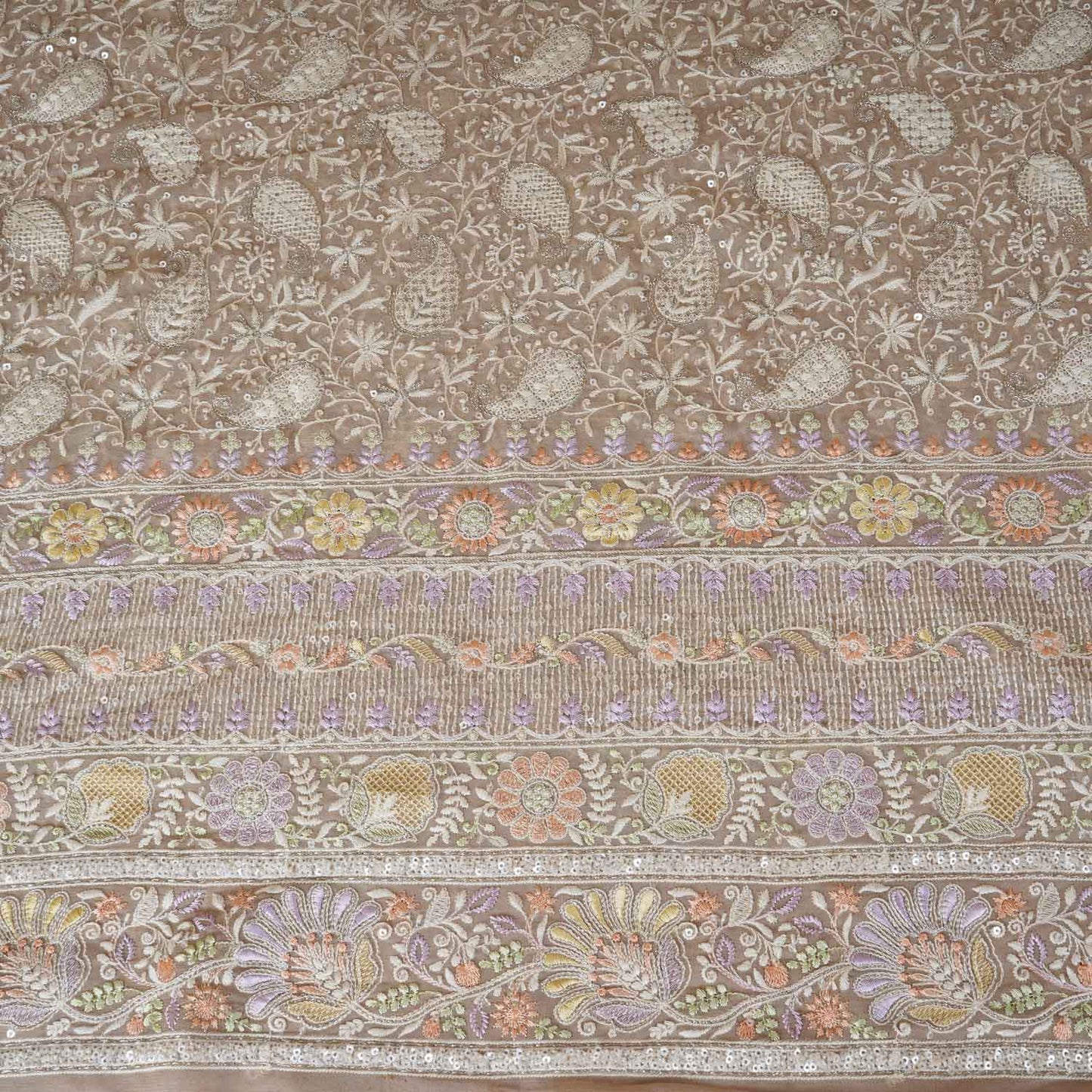 Beige Floral Thread Sequins Embroidery Chikankari Georgette Fabric DRAJ-28280
