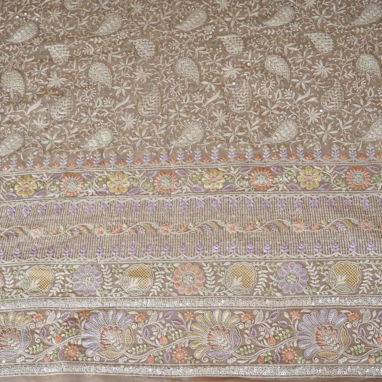 Beige Floral Thread Sequins Embroidery Chikankari Georgette Fabric DR-28280 - TradeUNO