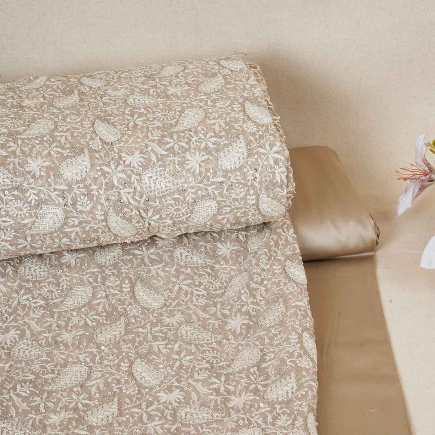 Beige Floral Thread Sequins Embroidery Chikankari Georgette Fabric DRAJ-28280
