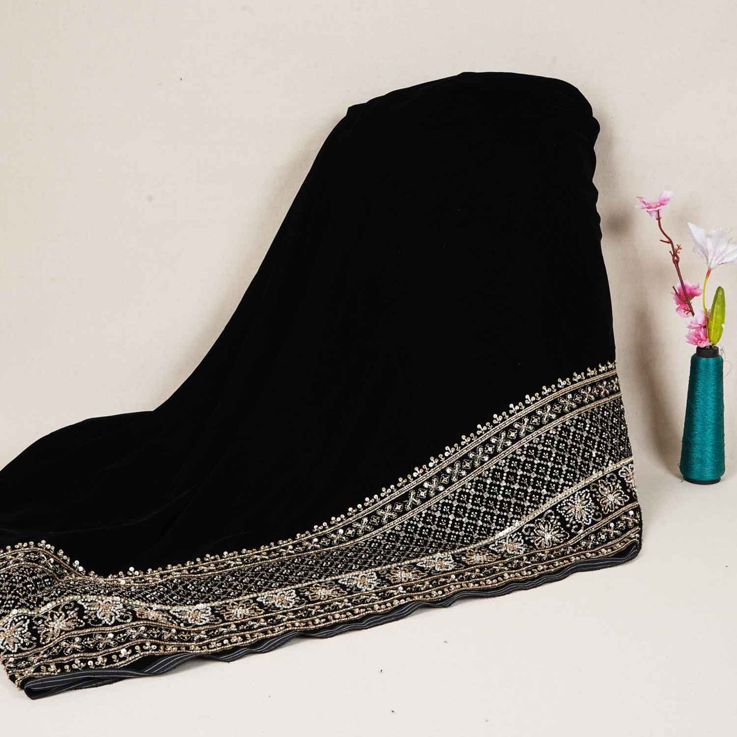 Black Border work Cutdana Embroidery Micro Velvet 9000 SC-28000