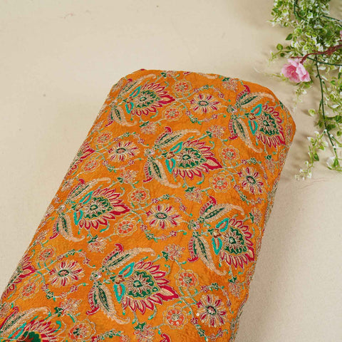 Mustard Yellow Position Print Zari Embroidery Crepe Fabric NF-28001