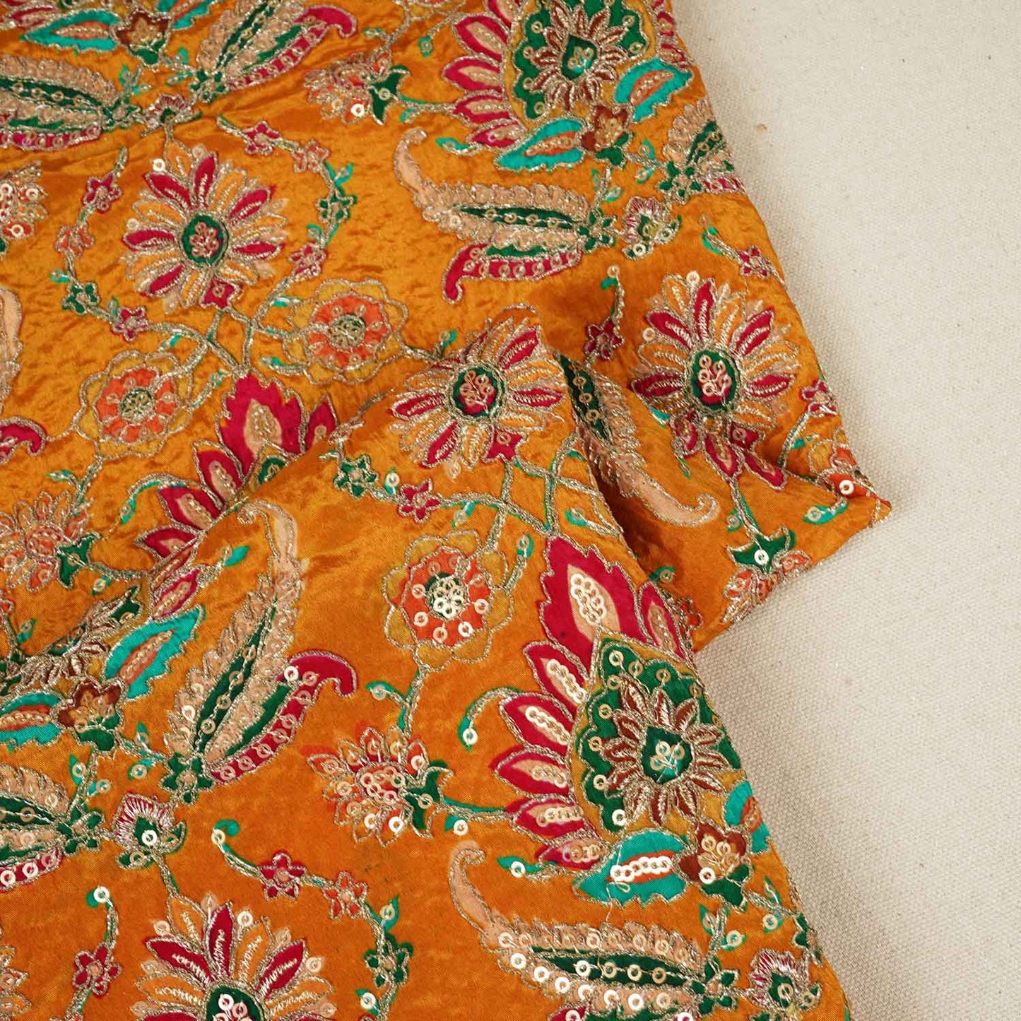 Mustard Yellow Position Print Zari Embroidery Crepe Fabric NF-28001