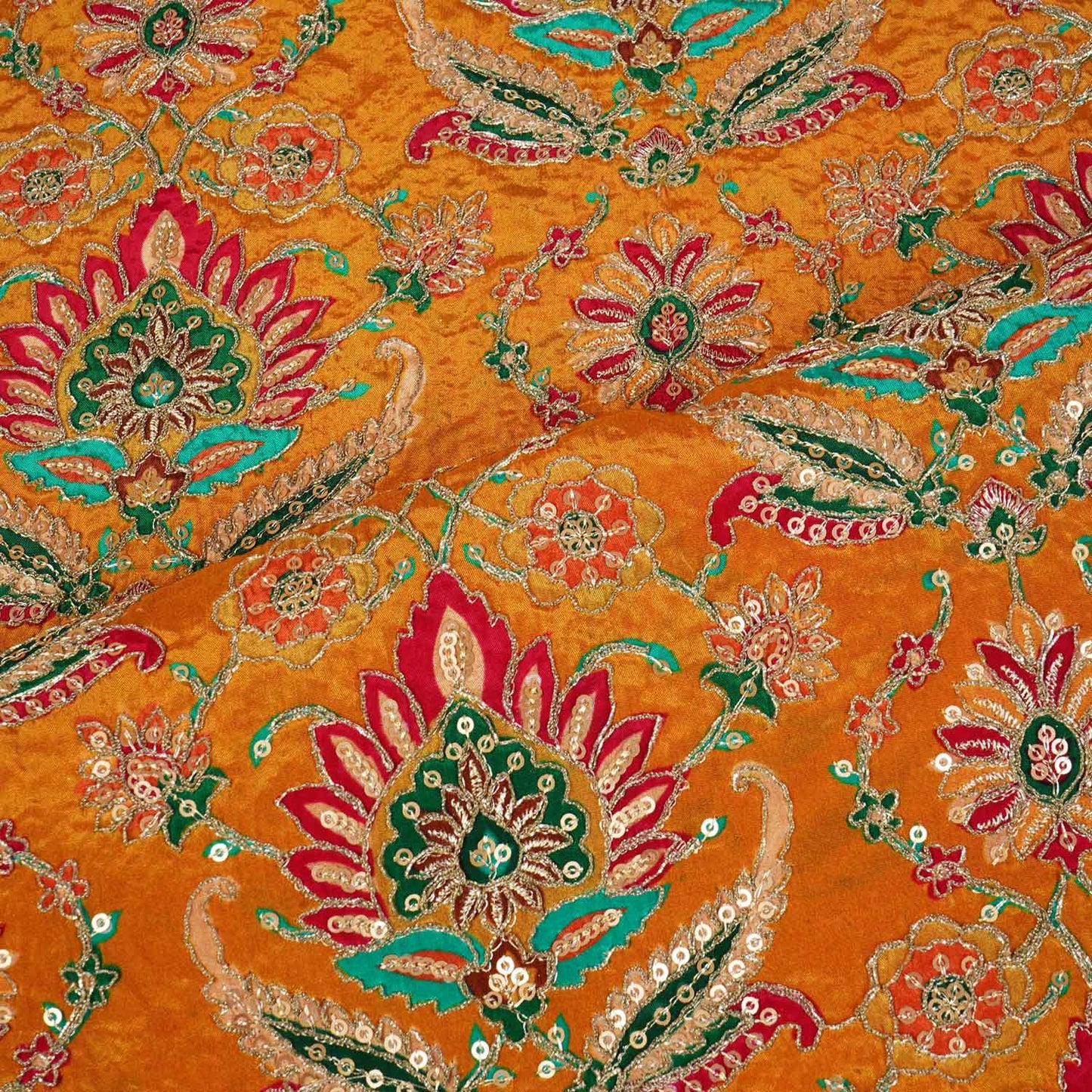 Mustard Yellow Position Print Zari Embroidery Crepe Fabric NF-28001