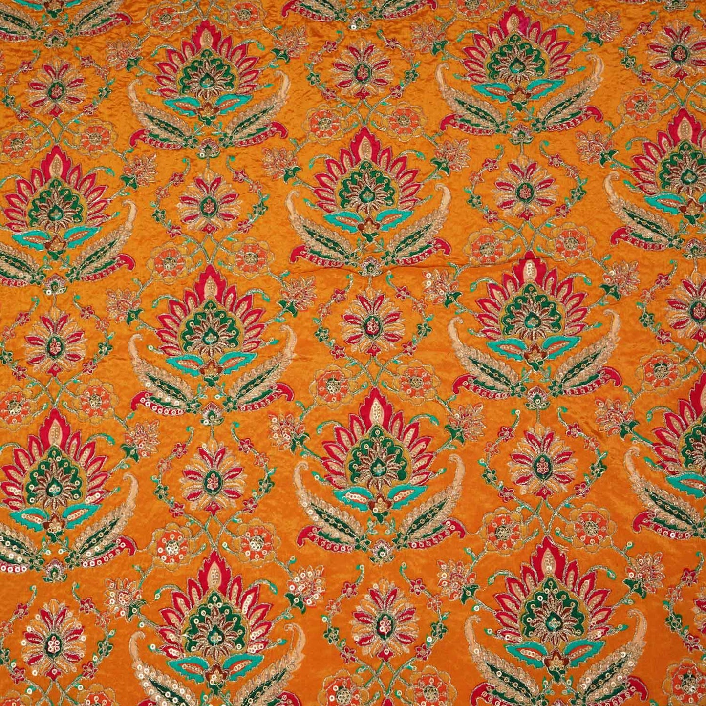 Mustard Yellow Position Print Zari Embroidery Crepe Fabric NF-28001