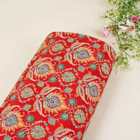 Marron Position Print Zari Embroidery Crepe Fabric NF-28002