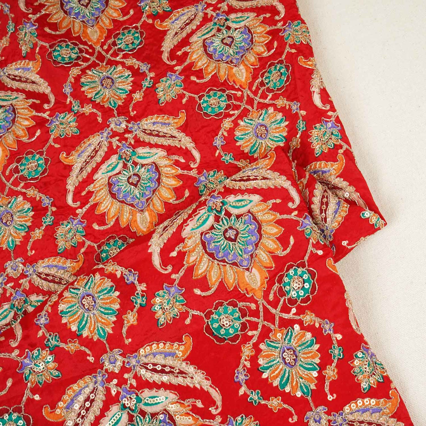 Marron Position Print Zari Embroidery Crepe Fabric NF-28002