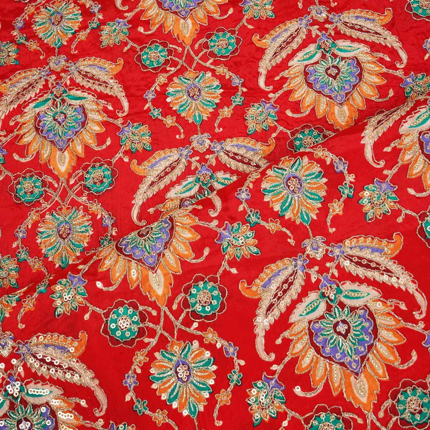 Marron Position Print Zari Embroidery Crepe Fabric NF-28002