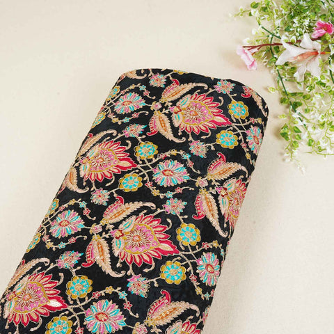 Black Position Print Zari Embroidery Crepe Fabric NF-28003