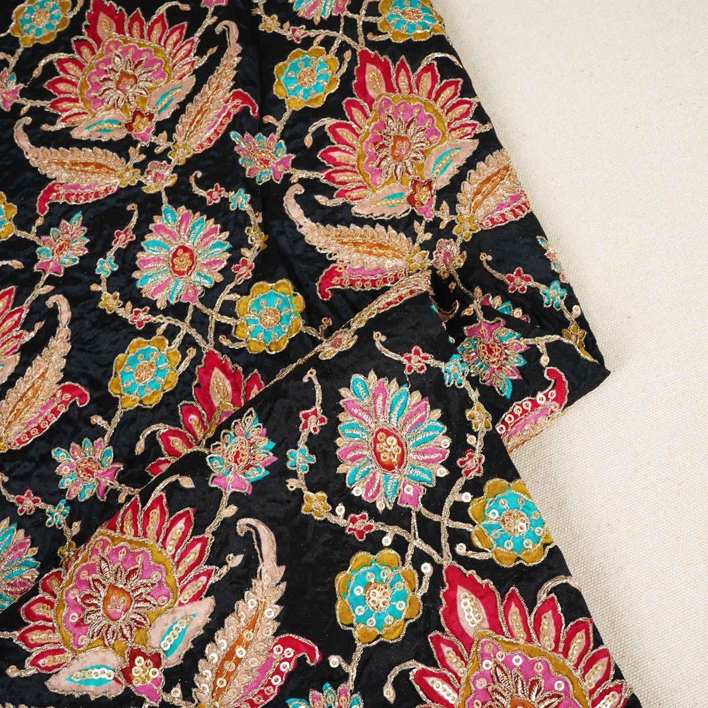 Black Position Print Zari Embroidery Crepe Fabric NF-28003