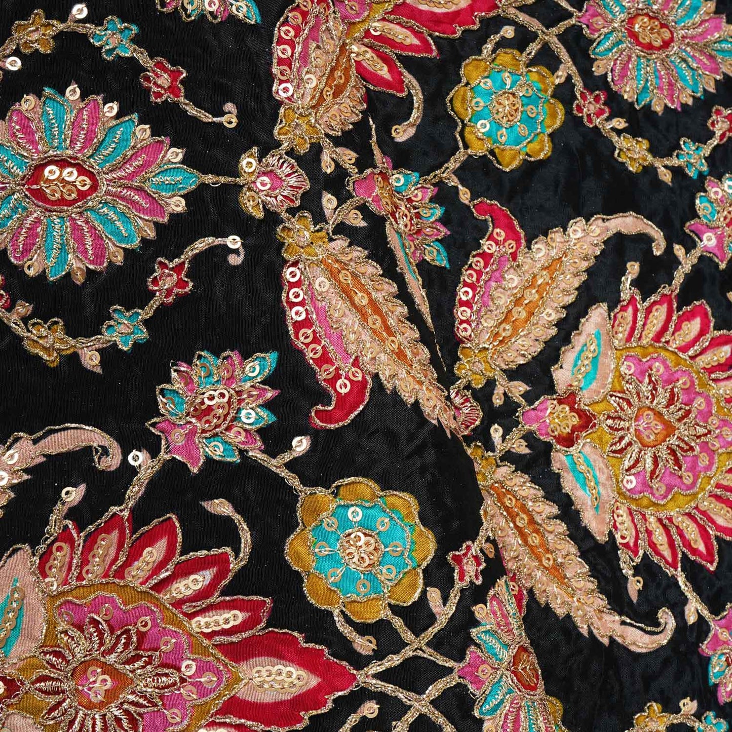 Black Position Print Zari Embroidery Crepe Fabric NF-28003