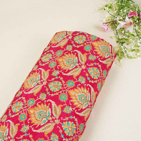 Pink Position Print Zari Embroidery Crepe Fabric NF-28004