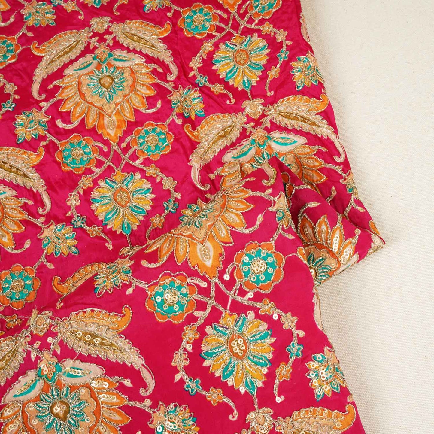 Pink Position Print Zari Embroidery Crepe Fabric NF-28004