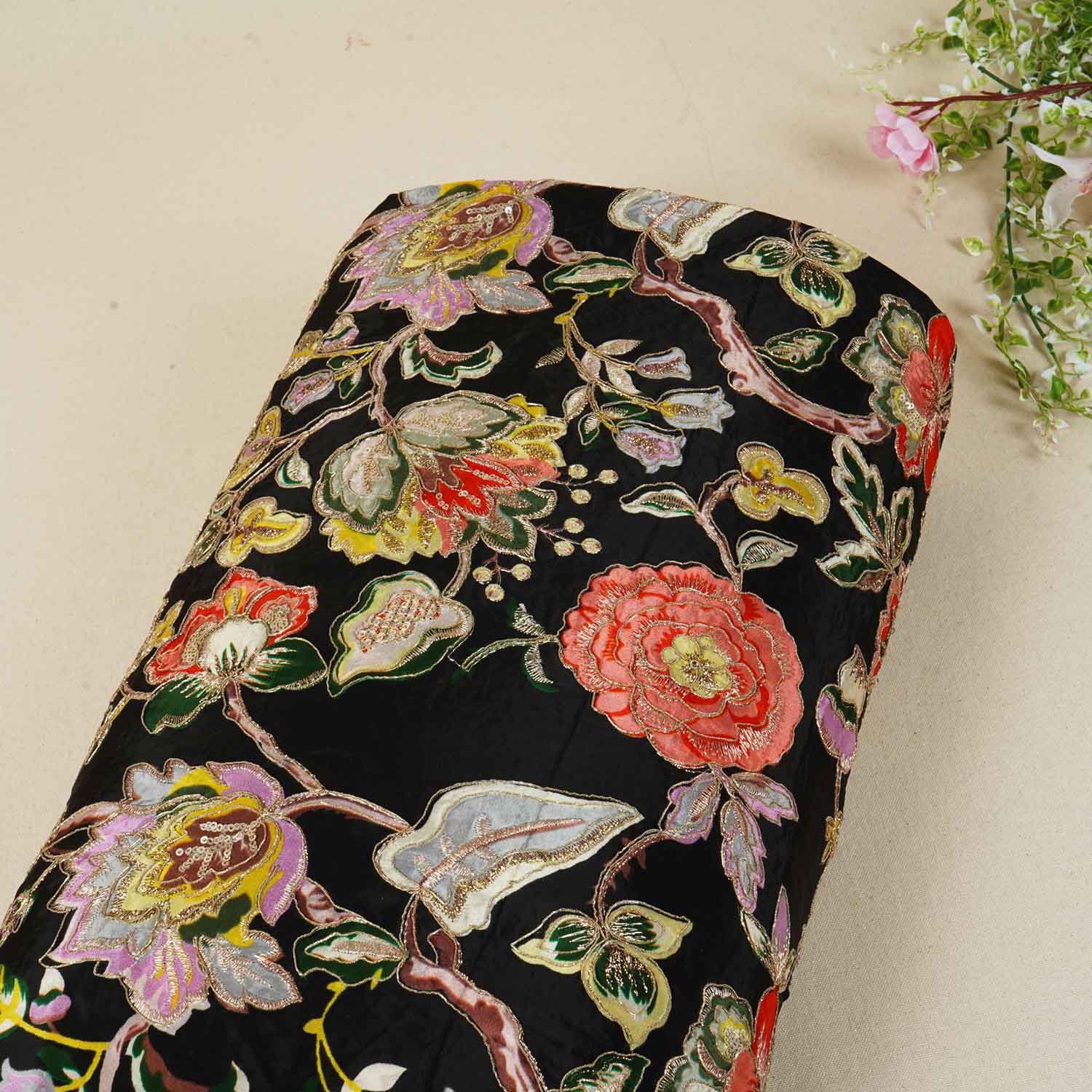 Black Position Print Zari Embroidery Crepe Fabric NF-28006 - TradeUNO
