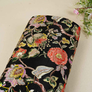 Black Position Print Zari Embroidery Crepe Fabric NF-28006 - TradeUNO