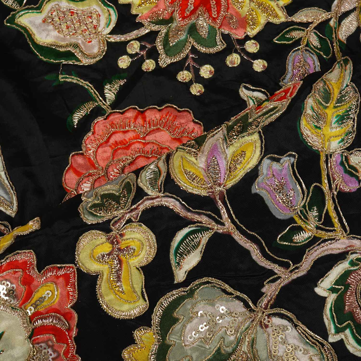 Black Position Print Zari Embroidery Crepe Fabric NF-28006 - TradeUNO