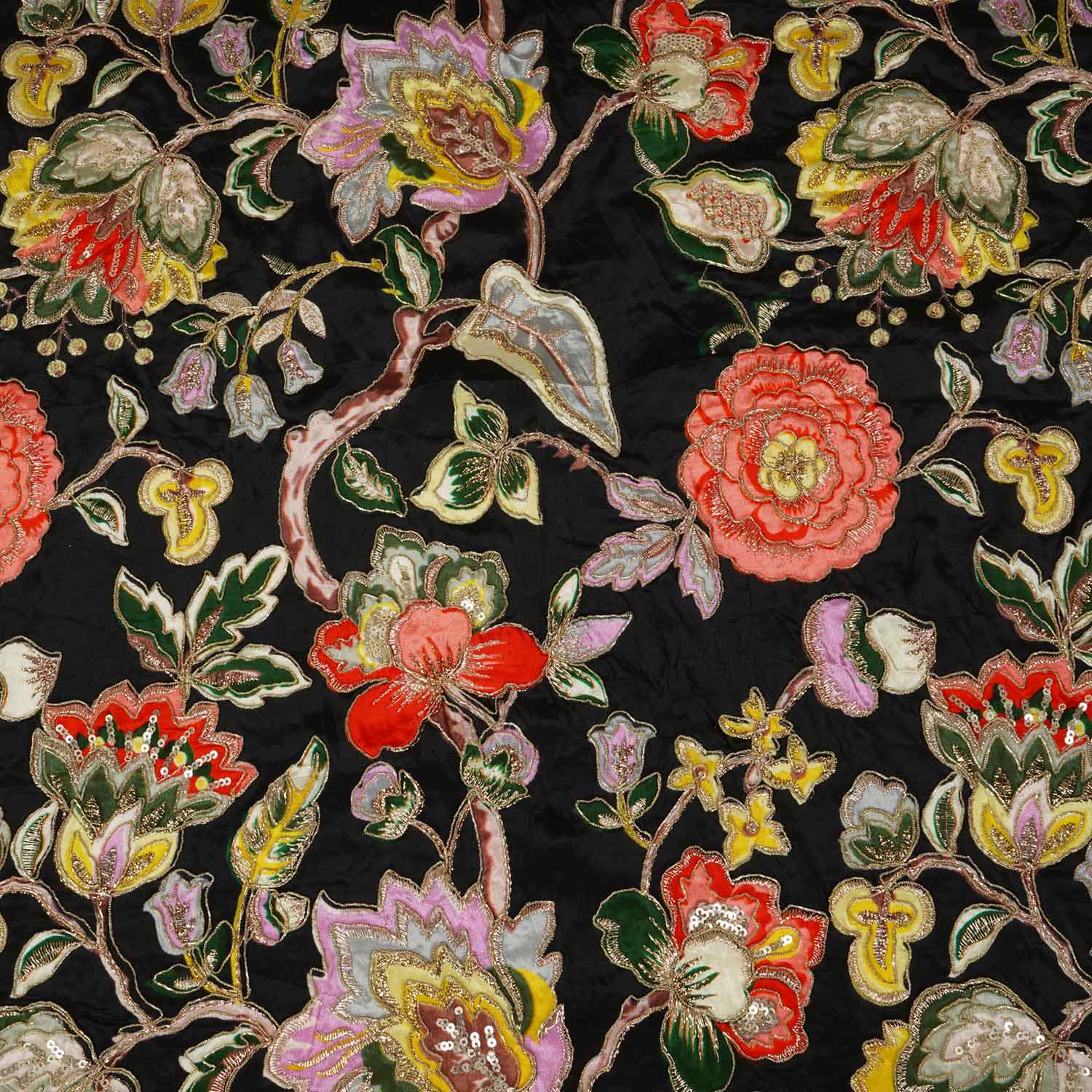 Black Position Print Zari Embroidery Crepe Fabric NF-28006 - TradeUNO