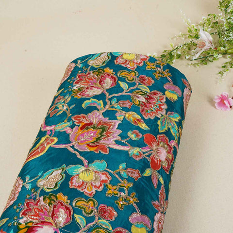 Teal Blue Position Print Zari Embroidery Crepe Fabric NF-28007
