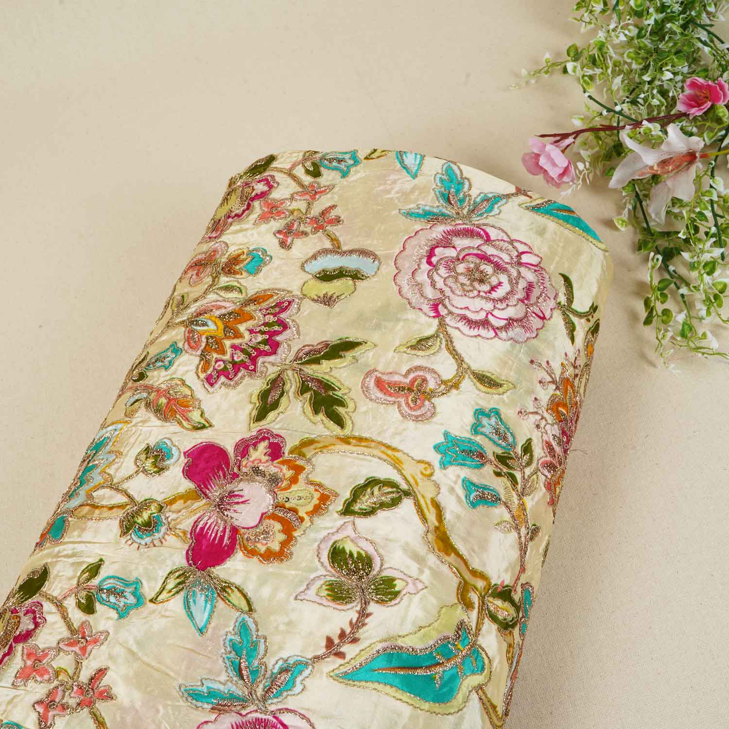 Cream Position Print Zari Embroidery Crepe Fabric NF-28008 - TradeUNO
