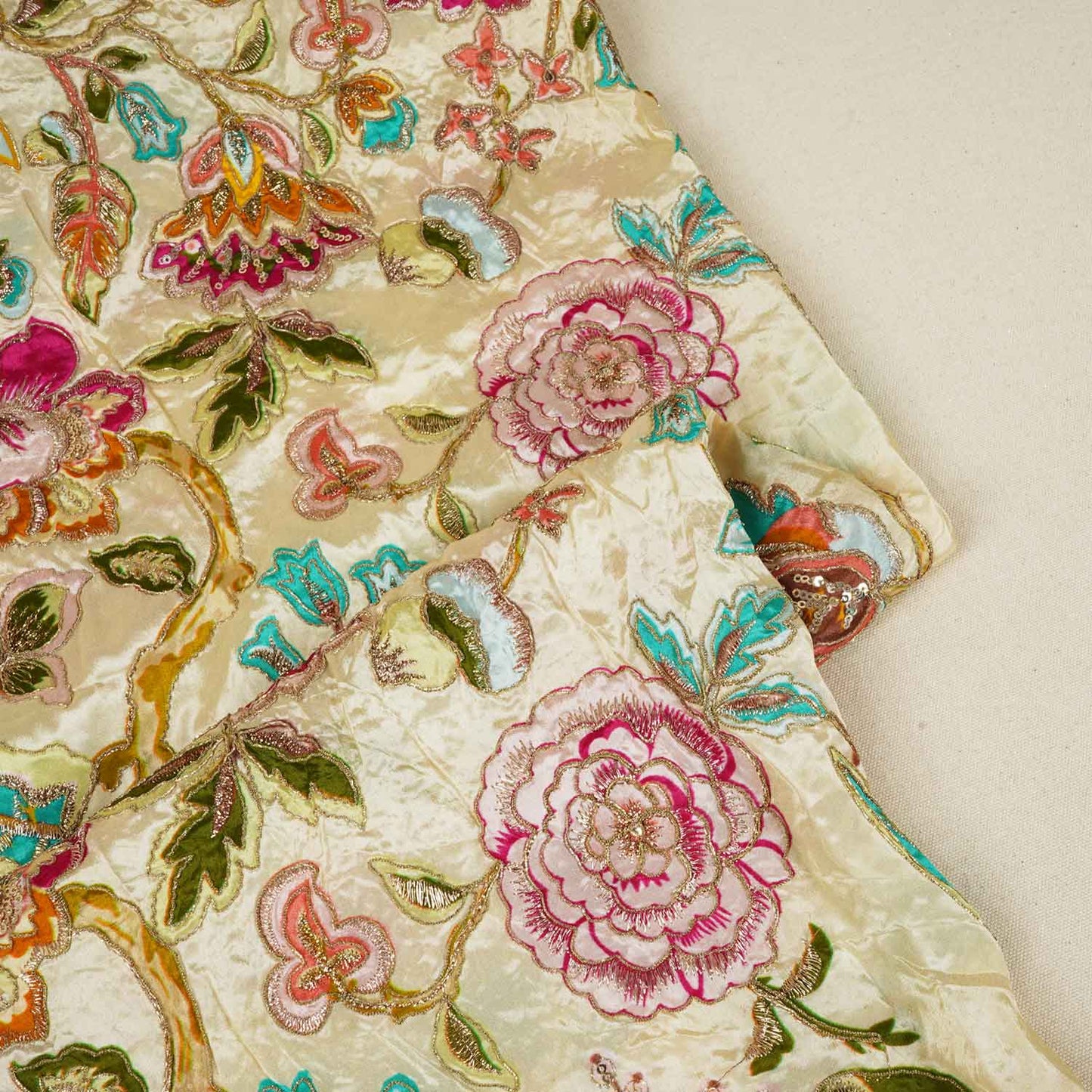 Cream Position Print Zari Embroidery Crepe Fabric NF-28008