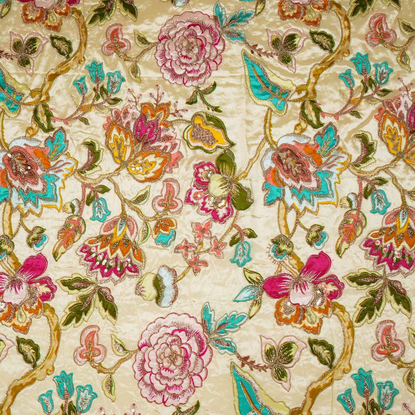 Cream Position Print Zari Embroidery Crepe Fabric NF-28008