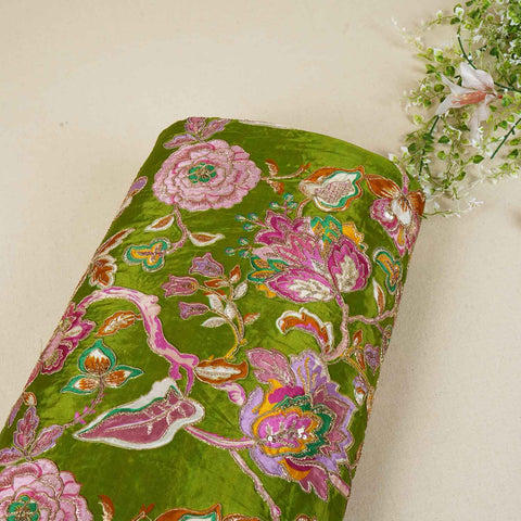 Parrot Green Position Print Zari Embroidery Crepe Fabric NF-28009