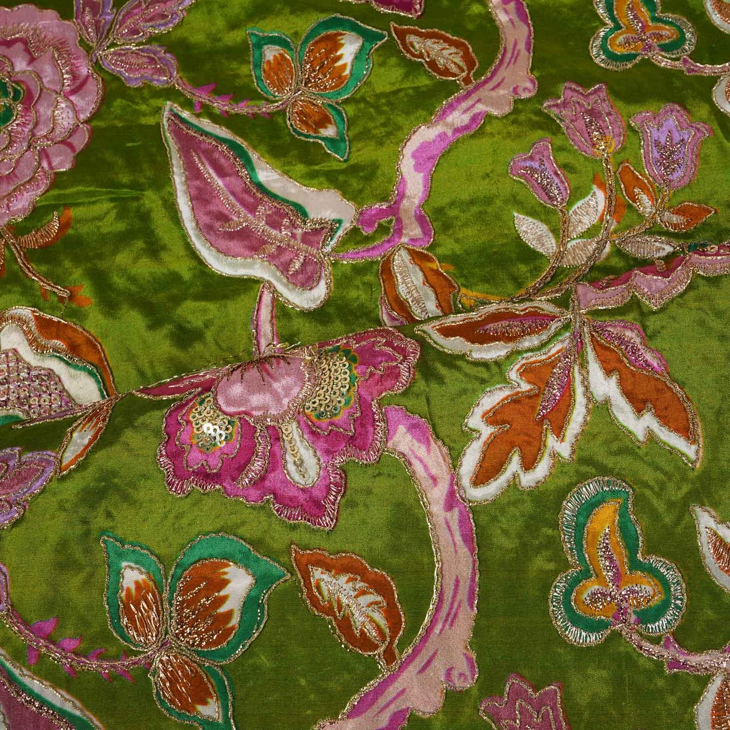 Parrot Green Position Print Zari Embroidery Crepe Fabric NF-28009