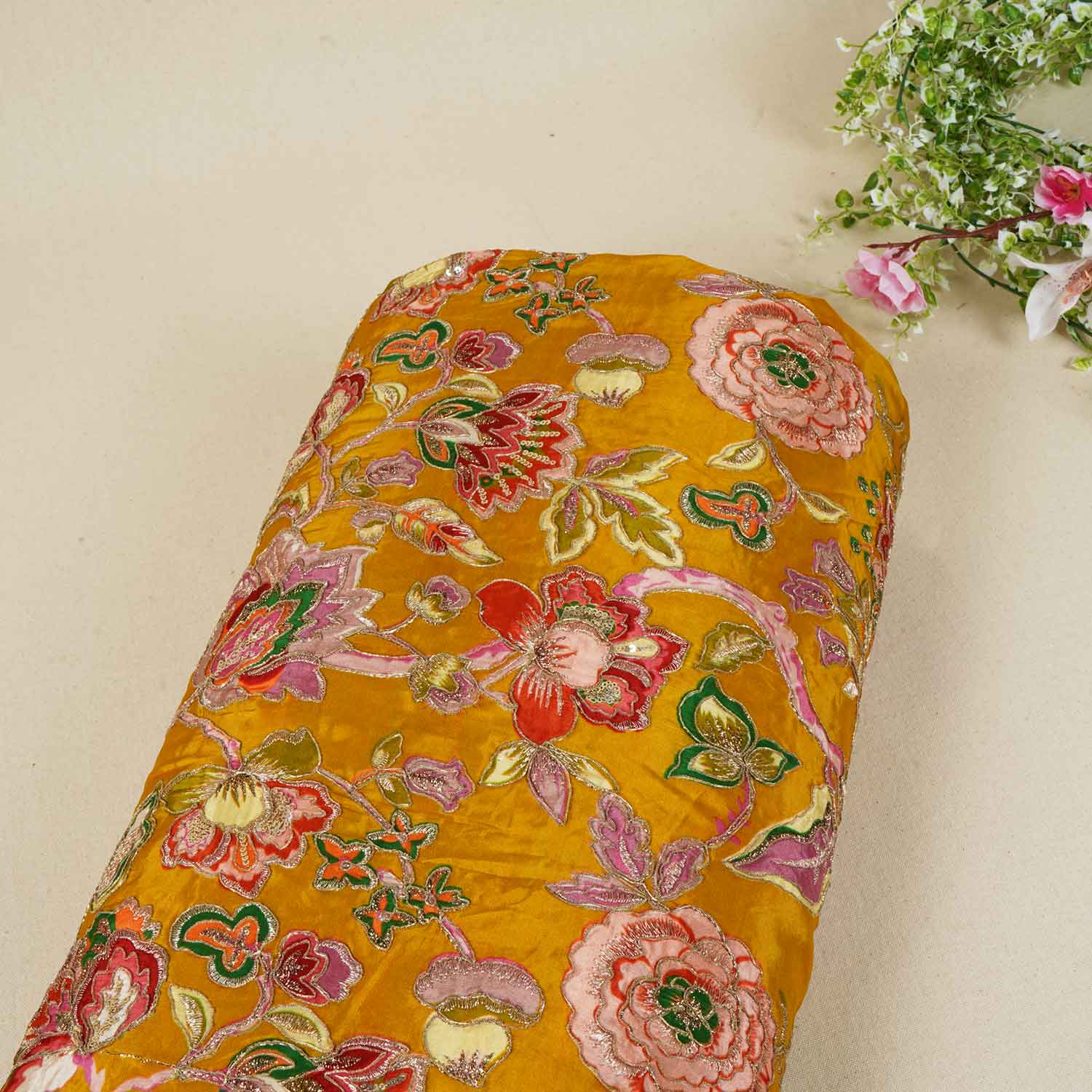 Mustard Yellow Position Print Zari Embroidery Crepe Fabric NF-28010 - TradeUNO