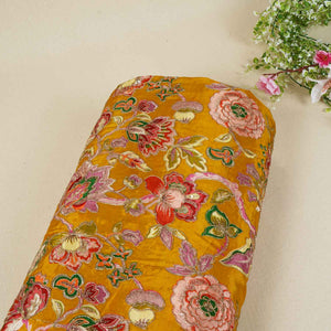 Mustard Yellow Position Print Zari Embroidery Crepe Fabric NF-28010 - TradeUNO