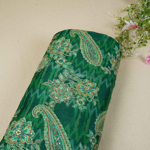 Parrot Green Position Print Zari Embroidery Chinnon Fabric NF-28011