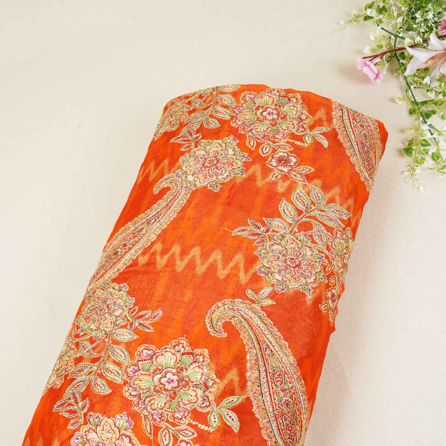Orange Position Print Zari Embroidery Chinnon Fabric NF-28013 - TradeUNO