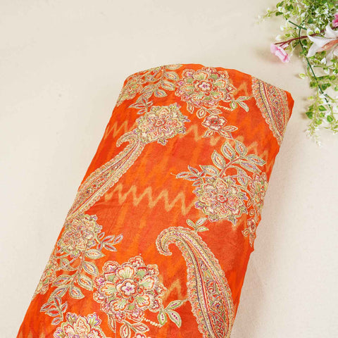 Orange Position Print Zari Embroidery Chinnon Fabric NF-28013