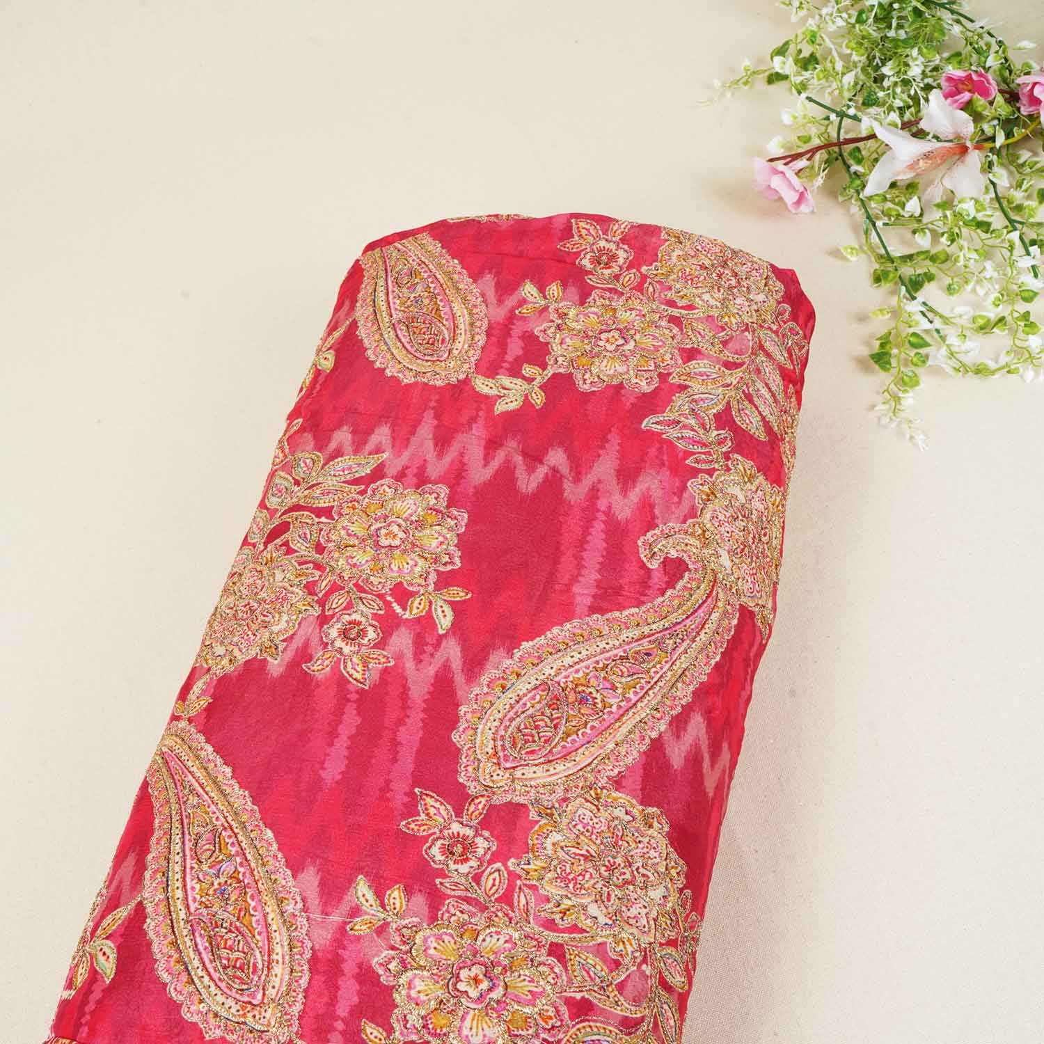Magenta Pink Position Print Zari Embroidery Chinnon Fabric NF-28014 - TradeUNO