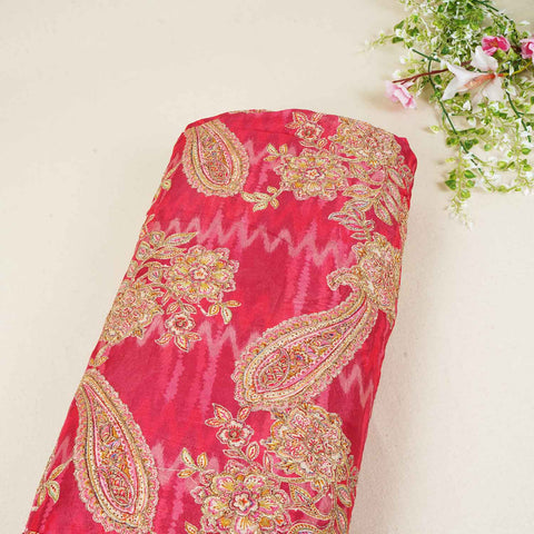 Magenta Pink Position Print Zari Embroidery Chinnon Fabric NF-28014