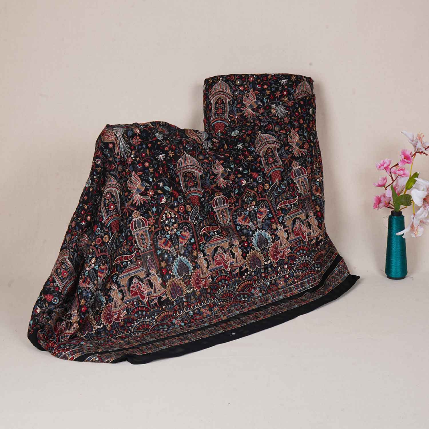 Black Traditional Zari Embroidery Georgette Fabric DR-28021 - TradeUNO