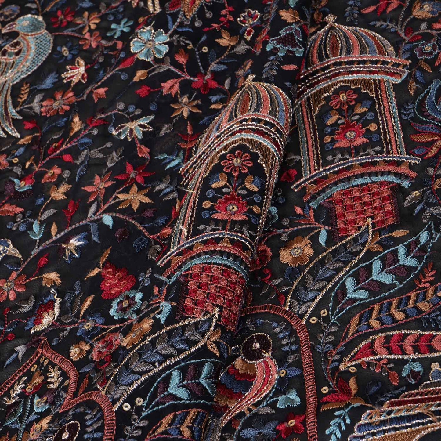 Black Traditional Zari Embroidery Georgette Fabric DR-28021