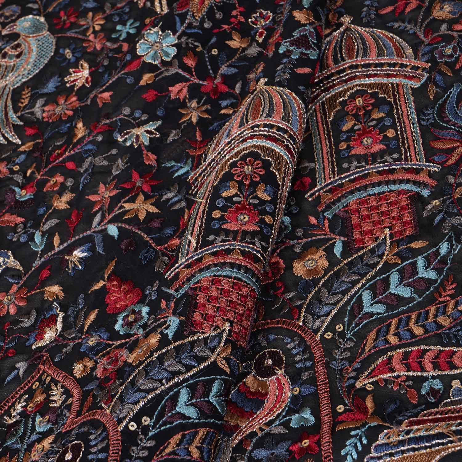Black Traditional Zari Embroidery Georgette Fabric DR-28021 - TradeUNO