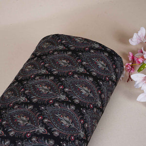 Black Kashmiri Embroidery Raw Silk Fabric DR-28023 - TradeUNO