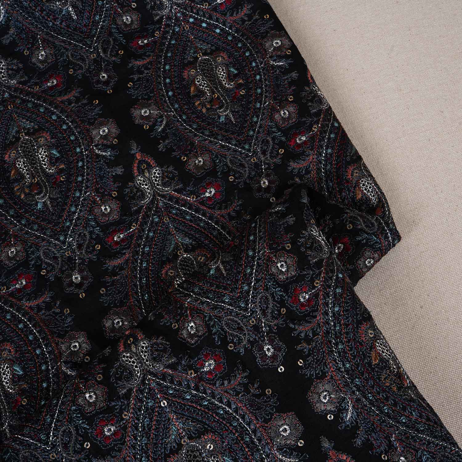 Black Kashmiri Embroidery Raw Silk Fabric DR-28023 - TradeUNO