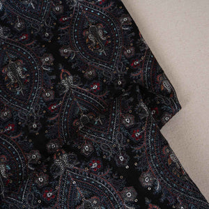 Black Kashmiri Embroidery Raw Silk Fabric DR-28023 - TradeUNO