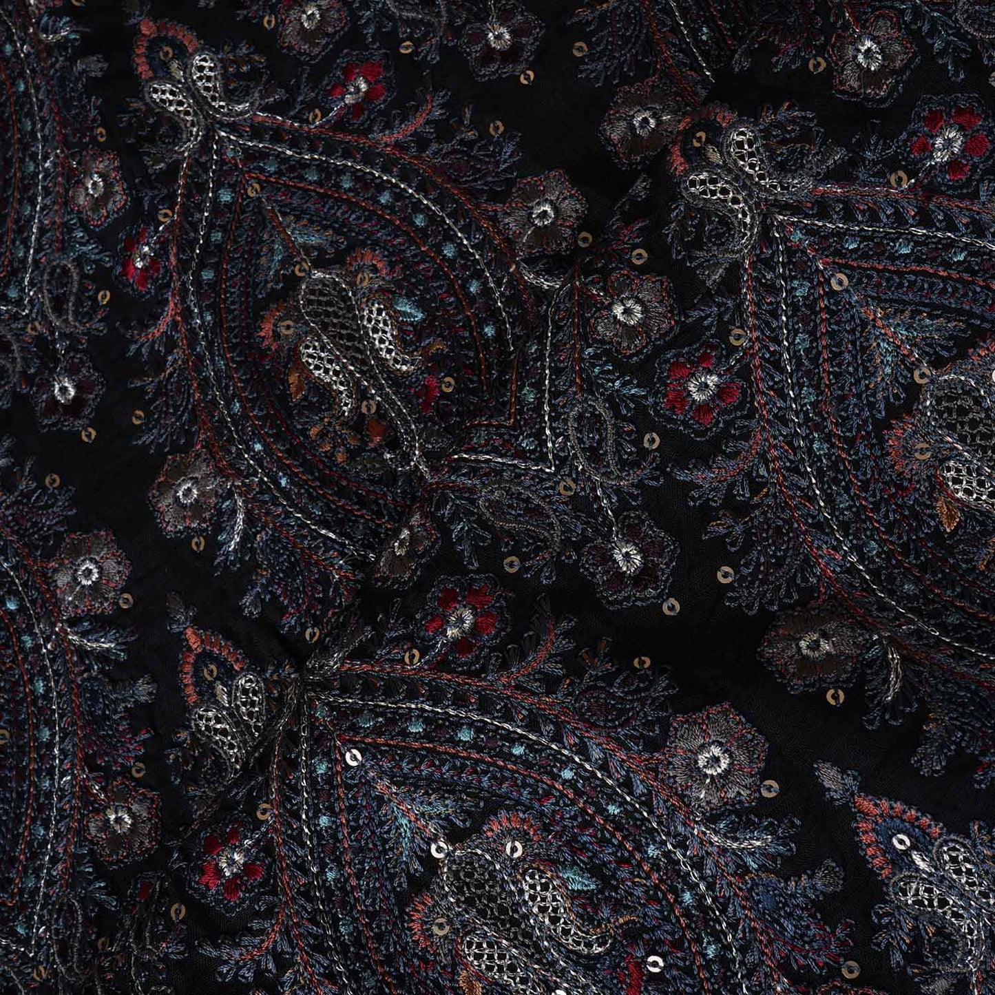 Black Kashmiri Embroidery Raw Silk Fabric DRAJ-28023