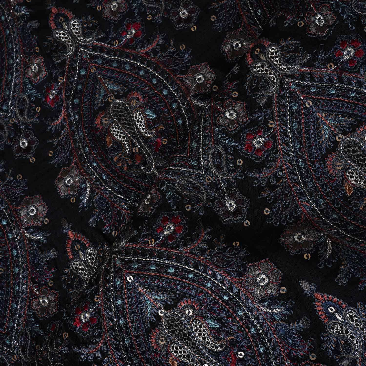 Black Kashmiri Embroidery Raw Silk Fabric DR-28023 - TradeUNO