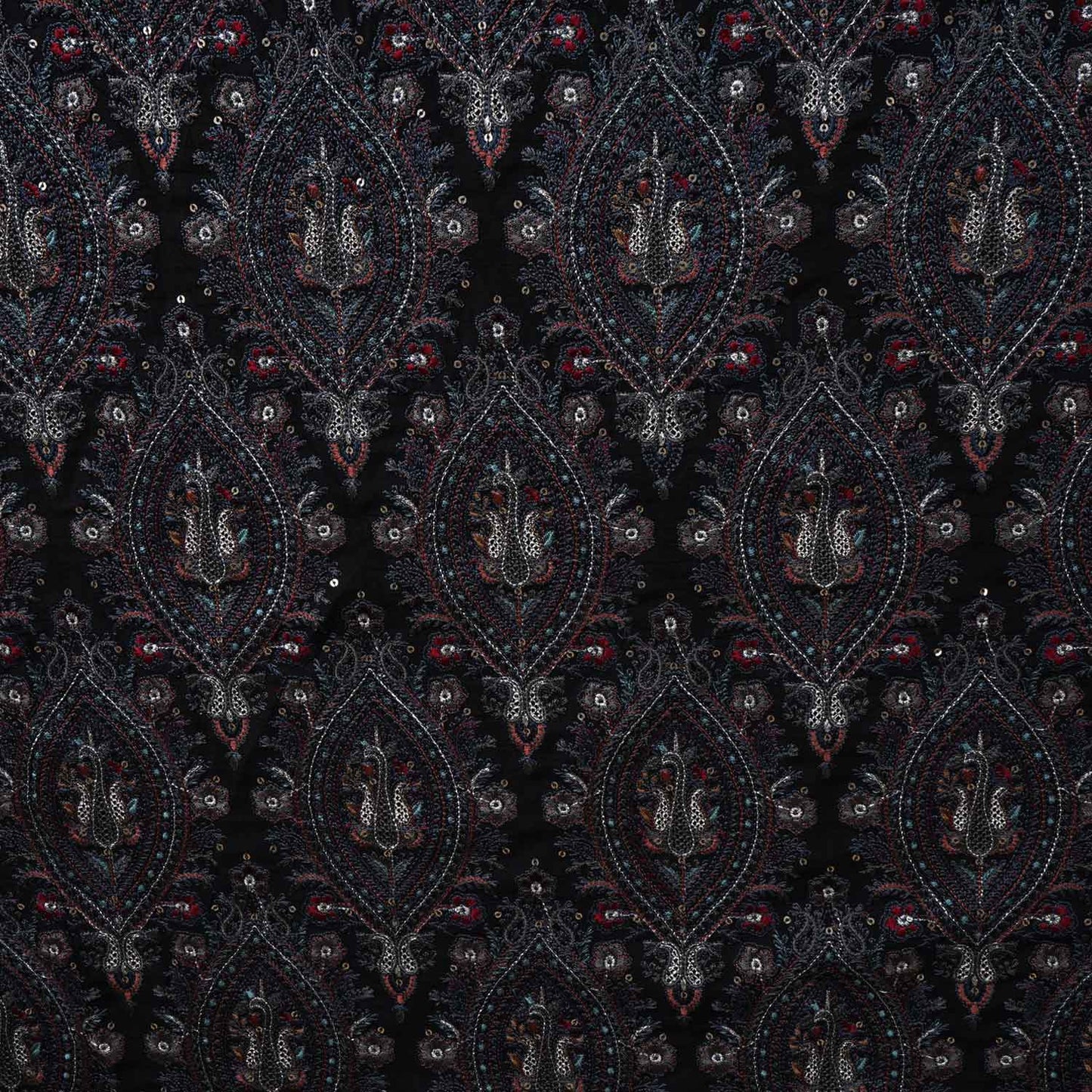 Black Kashmiri Embroidery Raw Silk Fabric DRAJ-28023