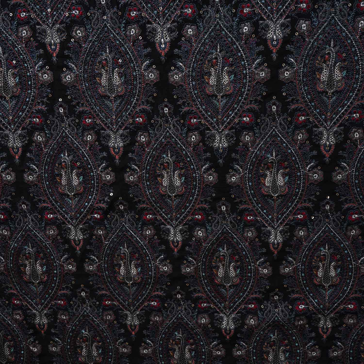 Black Kashmiri Embroidery Raw Silk Fabric DR-28023 - TradeUNO
