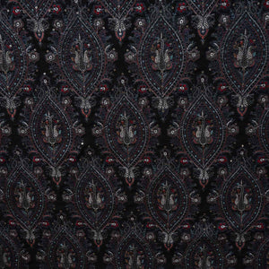 Black Kashmiri Embroidery Raw Silk Fabric DR-28023 - TradeUNO